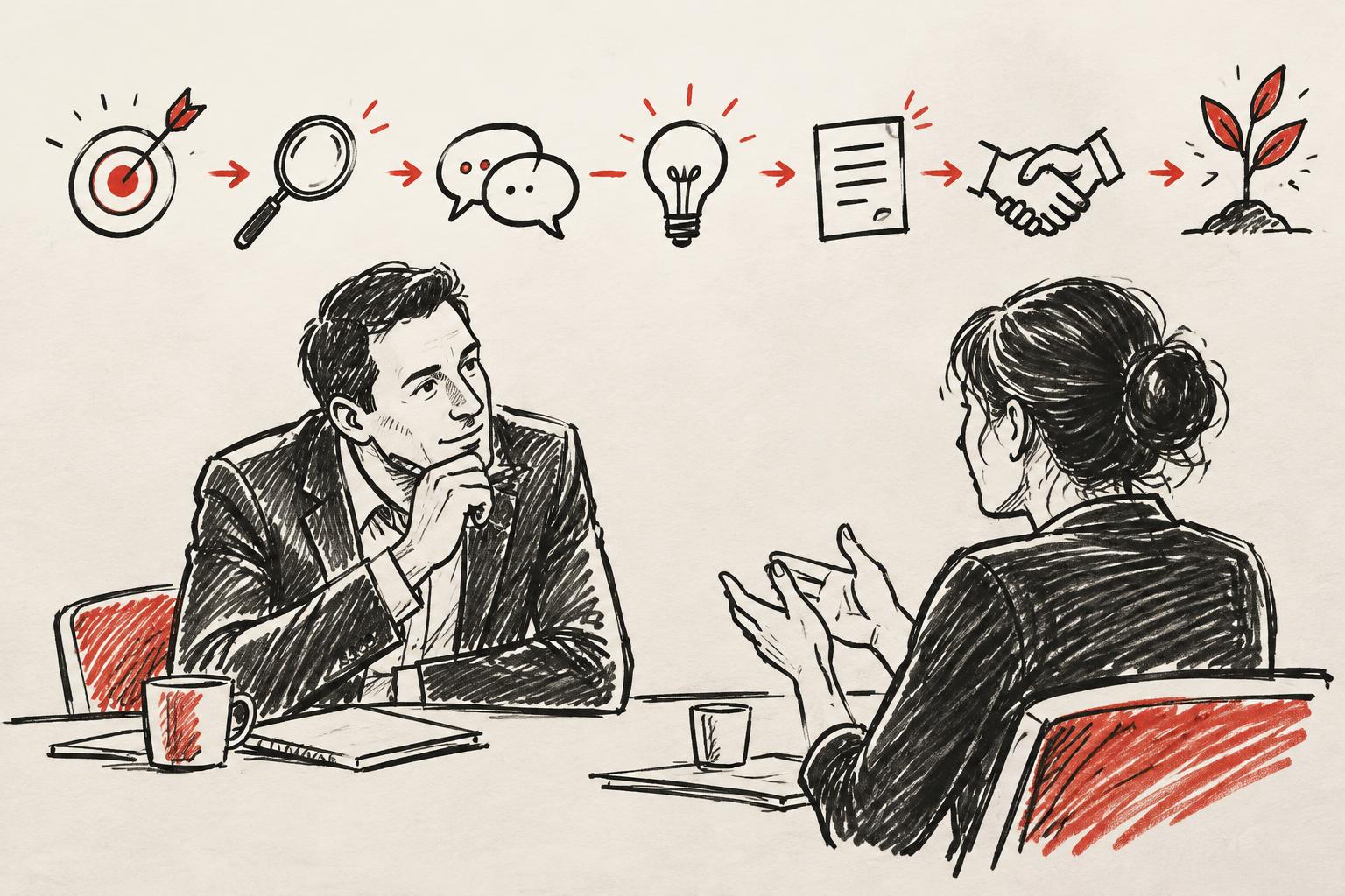 Whiteboard sketch of a sales conversation and the steps from first contact to client growth